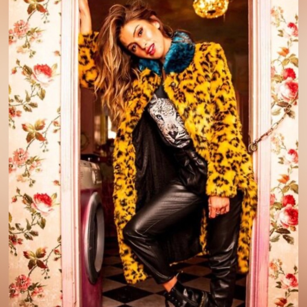 Leopard Print Faux Fur yellow cheetah Coat with Blue Collar midi duster length